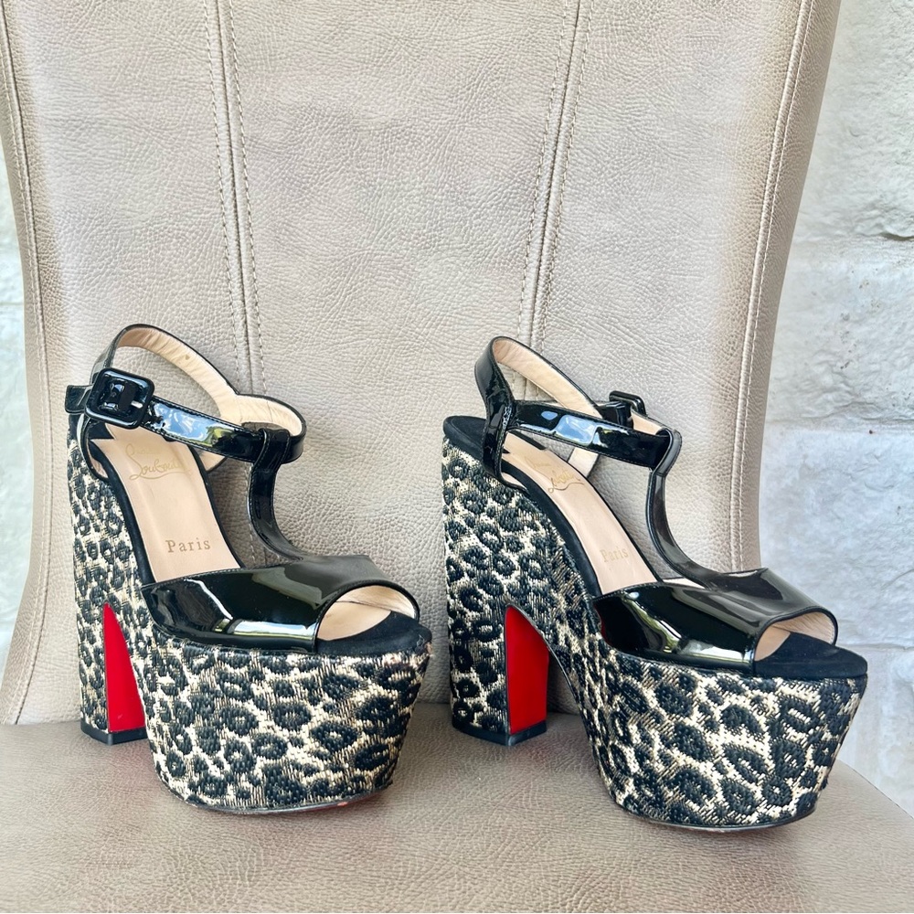 Christian Louboutin So Bella 160 Black Patent and Leopard Platform Euro 38